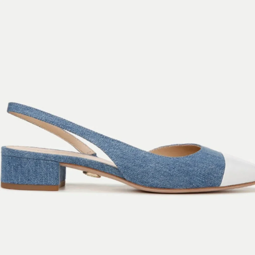 Veronica Beard Cecile Denim Cap-Toe Slingback (Size 10) in Denim/Coconut - Picture 2 of 6